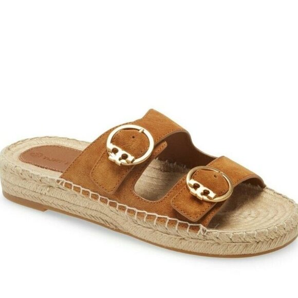 Tory Burch Selby Suede Espadrille Two-Band Slide Sandals Brown/Tan Womens Size 7